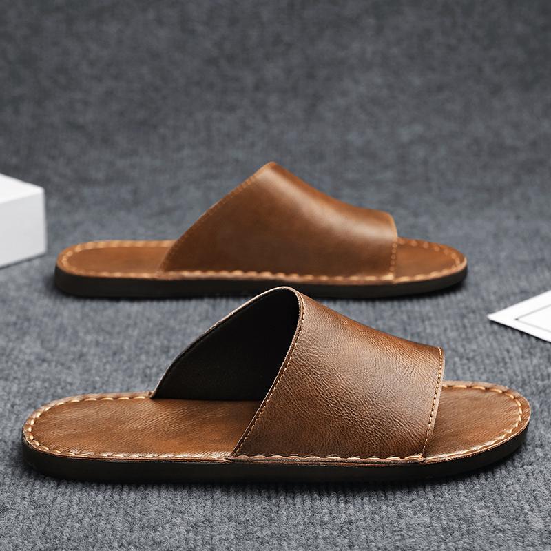 High Quality New Luxury Men's Summer Genuine Leather Slippers Cool Breathable Anti-Slip Outdoor Trendy Beach Shoes