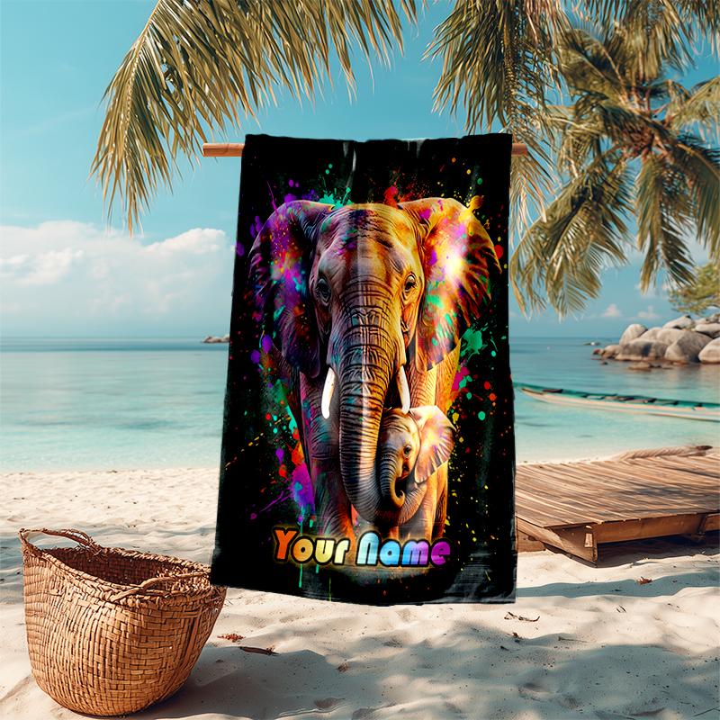 1PC Custom Name Colorful Elephant Artwork Beach Towel Highly Absorbent And Sand-Resistant Towel for Swimming, Pool, Yoga, And Travel Lightweight