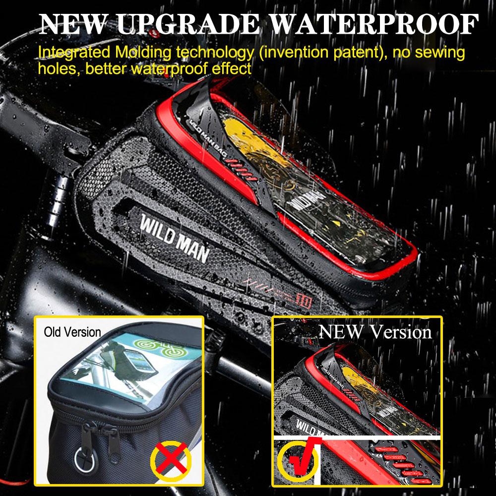 WILD MAN New Rainproof Bike Bag Bicycle Front Cell Phone Holder with Touchscreen Top Tube Cycling Reflective MTB
