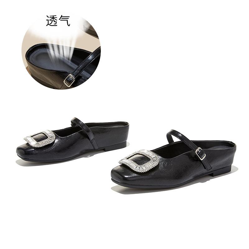 

French square buckle rhinestone bag head half slippers women s spring outer wear square head one pedal single shoes single shoes women 35 чёрный