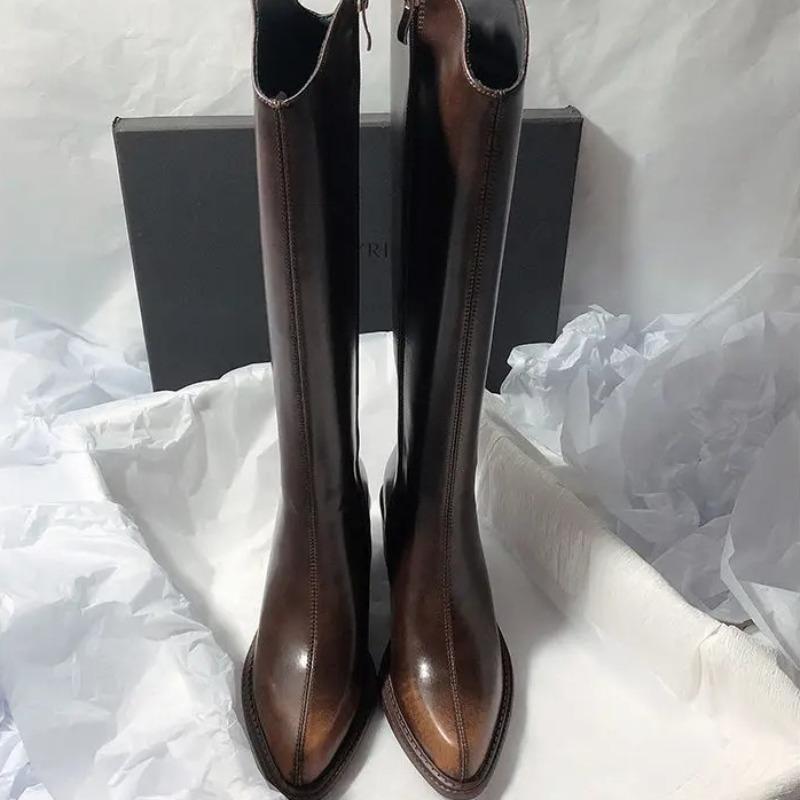 Women Knee-high Boots Temperament Pointe Leather Boots Slimming Long Tube Boot V-mouth Designer Women's Boots Botas Largas Mujer