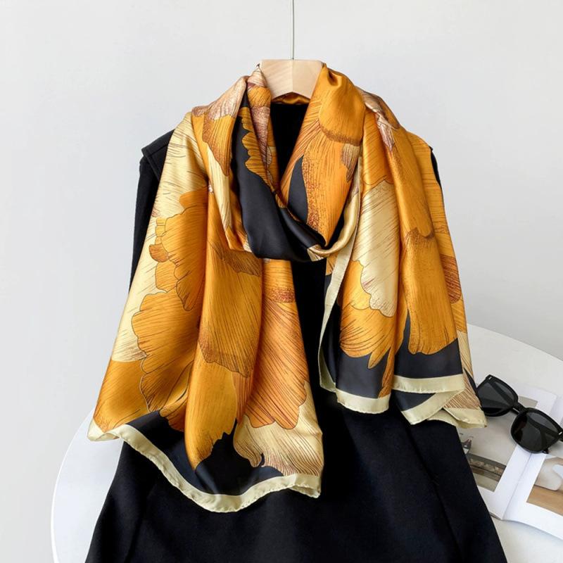 Spring and Summer Thin Silk Scarf High-end Printed Long Scarf New Satin Travel Sunscreen Scarf National Style Cloak