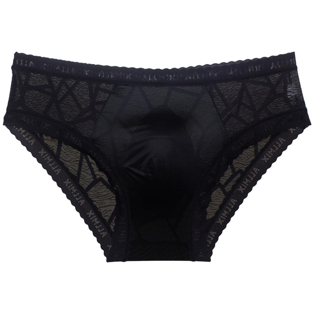 Men's Underwear 3D Pouch Sexy Letter Print Semi-Transparent Ice Silk Lace Cutout Briefs