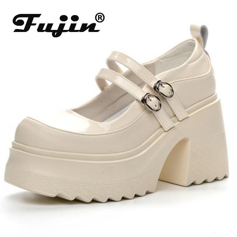 Fujin 10cm Patent Leather Breathable Pumps Fashion Chunky Heels Mary Jane Buckle Platform Autumn Summer Ankle Boots Spring Shoes