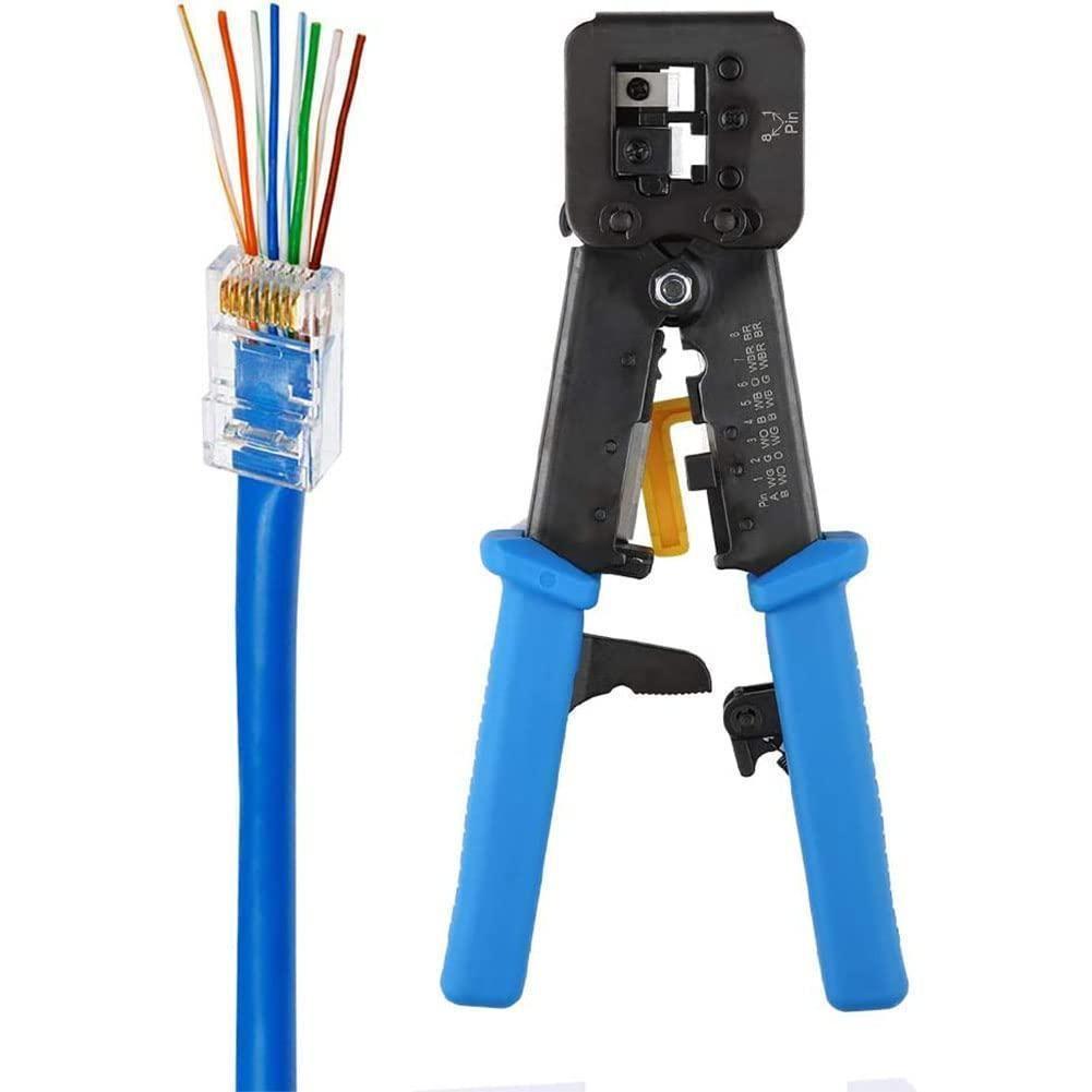 RJ45 Crimping Tool Ethernet Crimper Cat6 Cat5 Cat5e RJ45 Pass Through Connectors R11/RJ12 Regular Ends with 50Pcs Connectors 50Pcs Covers