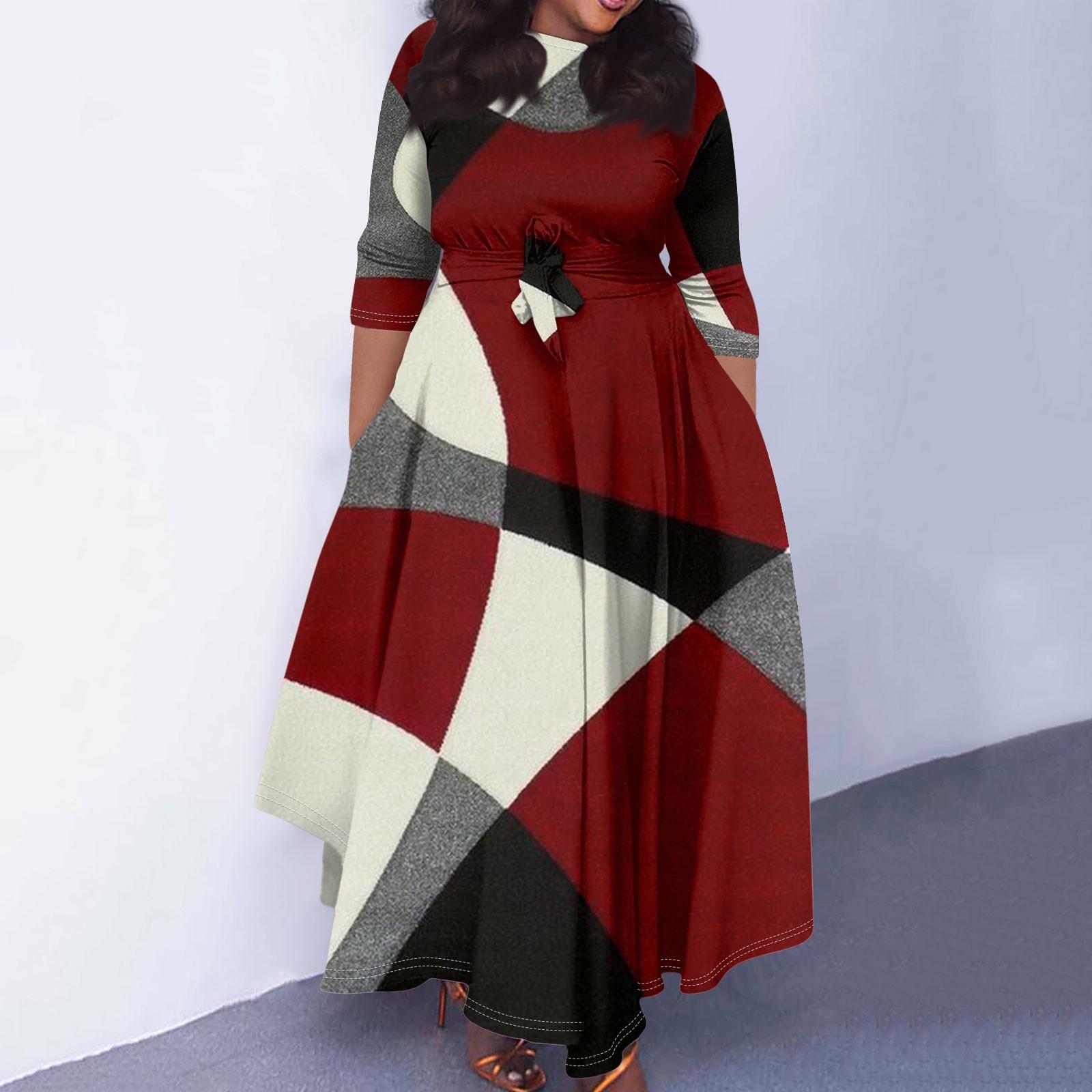 

Женское повседневное модное свободное платье большого размера с цветочным принтом и круглым вырезом, рукавами три четверти, карманами и бретелями XXXXL винный