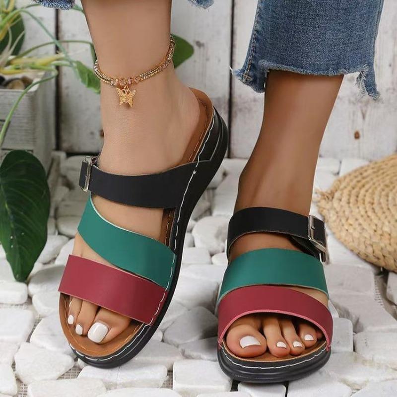 Women's Plus Size New Summer European American Style Color Blocking Wedge Heel Open Toe Slide on Beach Sandals