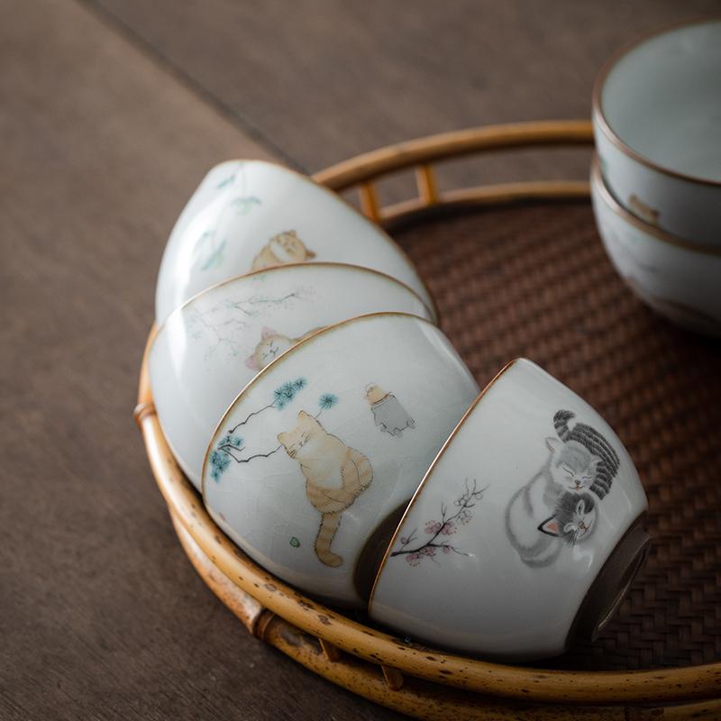 LUWU ceramic teacup cute cat chinese tea cup drinkware