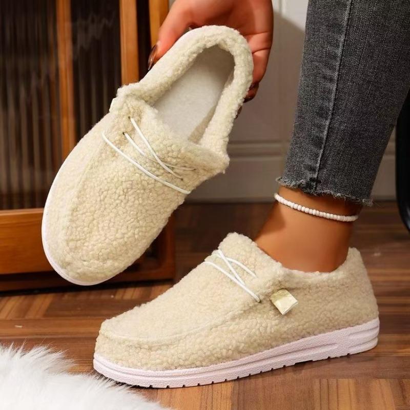 New Lace-up Large-sized Flat Single Shoes for Women, One-foot Fleece Lace-up Lazy Board Shoes