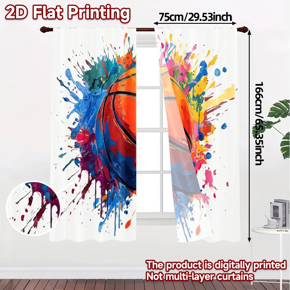 2pcs, 2D FLAT PRINTING Curtains (Without Rod) Splash Hoops Popular Print Curtains Versatile Fabric Curtains All Seasons Perfect