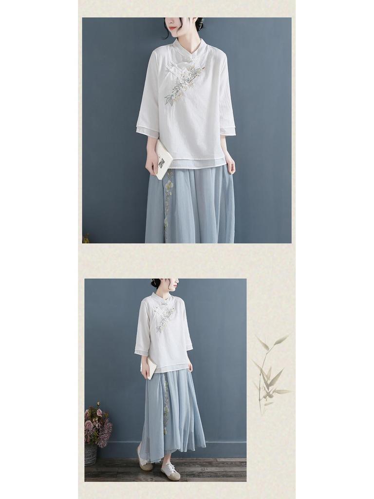 Chinese Ethnic Style Embroidered Cotton-Linen Frog Button Top for Women, Summer 2024, Stand Collar with Three-Quarter Sleeves.