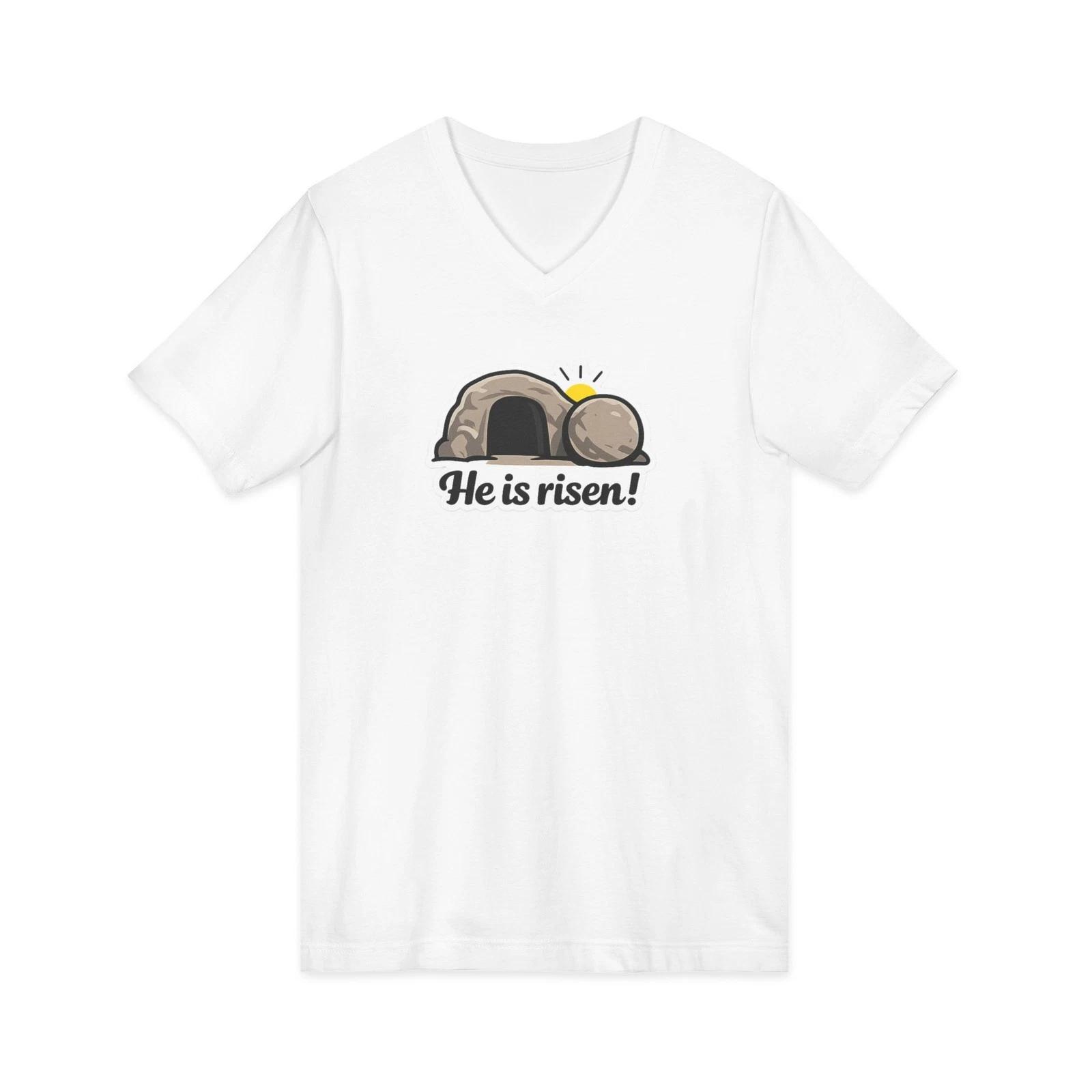 He is Risen V-Neck Tee | Christian Easter T-shirt L