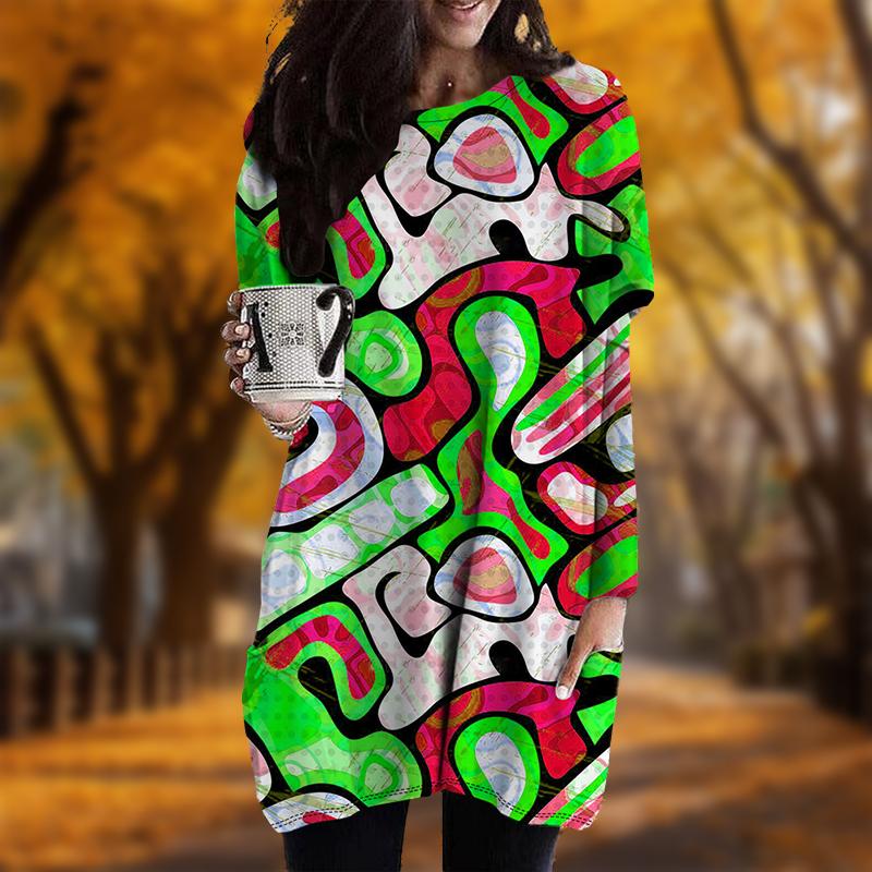 

Новинка осени Уличный Граффити Принт Плюс Размер Платье Женское O-образный вырез Длинные рукава Повседневные Карманные Платья M красный