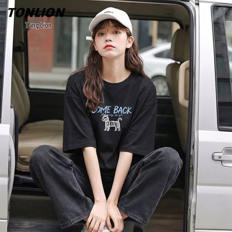 TonLion Women s Cotton Short Sleeve T-Shirt with TS Cat Print S