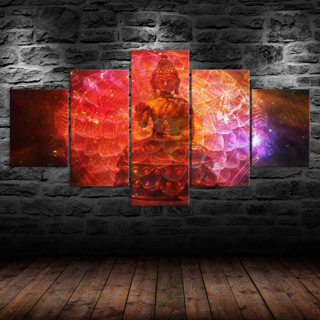 Buddha Statue Mystic Cosmos Scenery 5 Piece Five Panel Wall Canvas Print Modern Art Poster Picture Home Decor Gift For Him Her