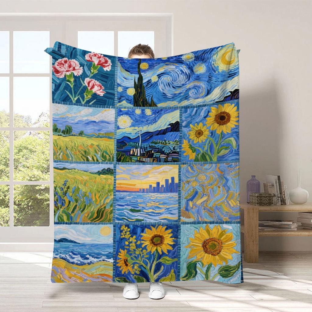 Van Gogh's Checkered Theme polyester Bedroom velvet flannel soft sofa cover blanket Fleece soft sofa cover blankets for beds