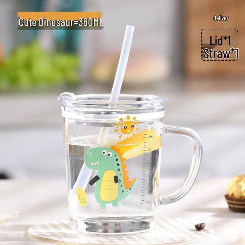 Cartoon Handle Straw Cup: Heat-Resistant Glass with Printed Logo and Measurement Scale, Perfect for Milk and Breakfast