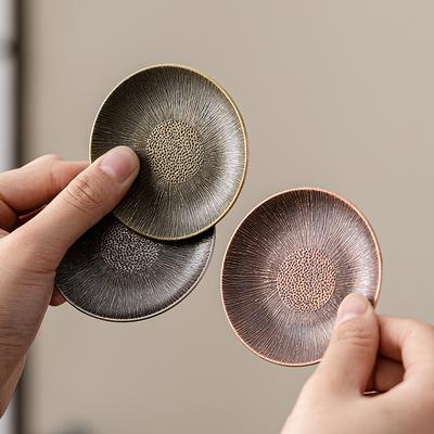 Chinoiserie Antique Copper Small Coaster Alloy Insulated Tea Cup Holder Old Tea Saucer Accessories with Storage Shelf Coaster