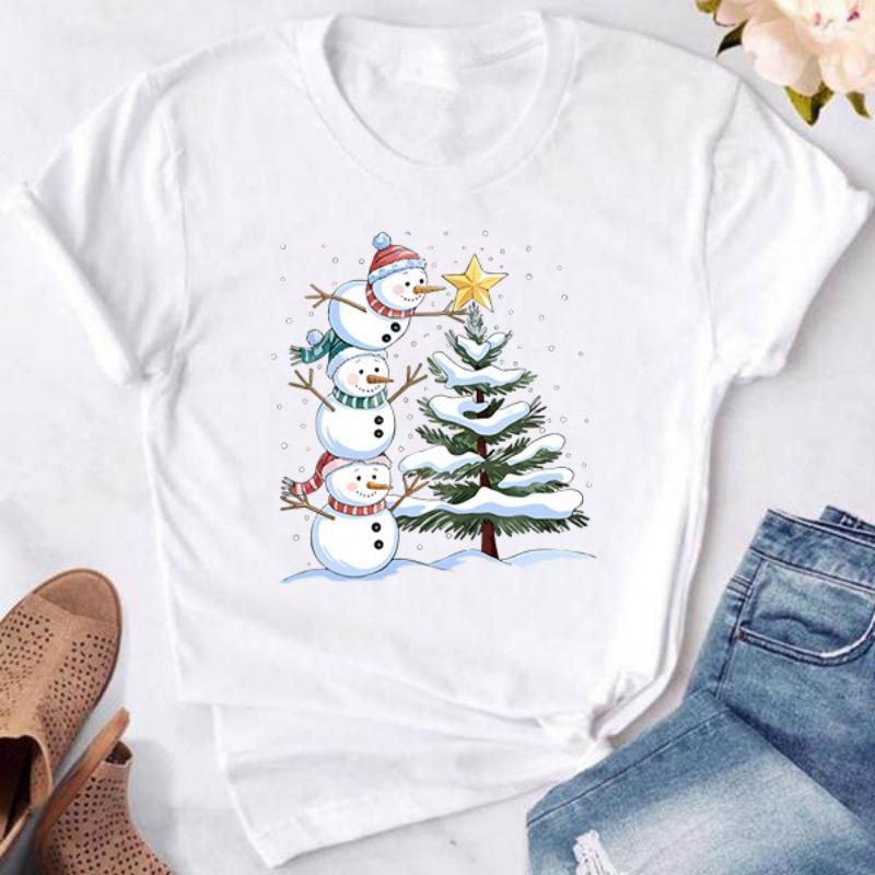 

Милый Рождественский Снеговик Рождественский Милый Снеговик Напечатанный Хлопок Модные Короткие Рукава Повседневные Футболки Женские S