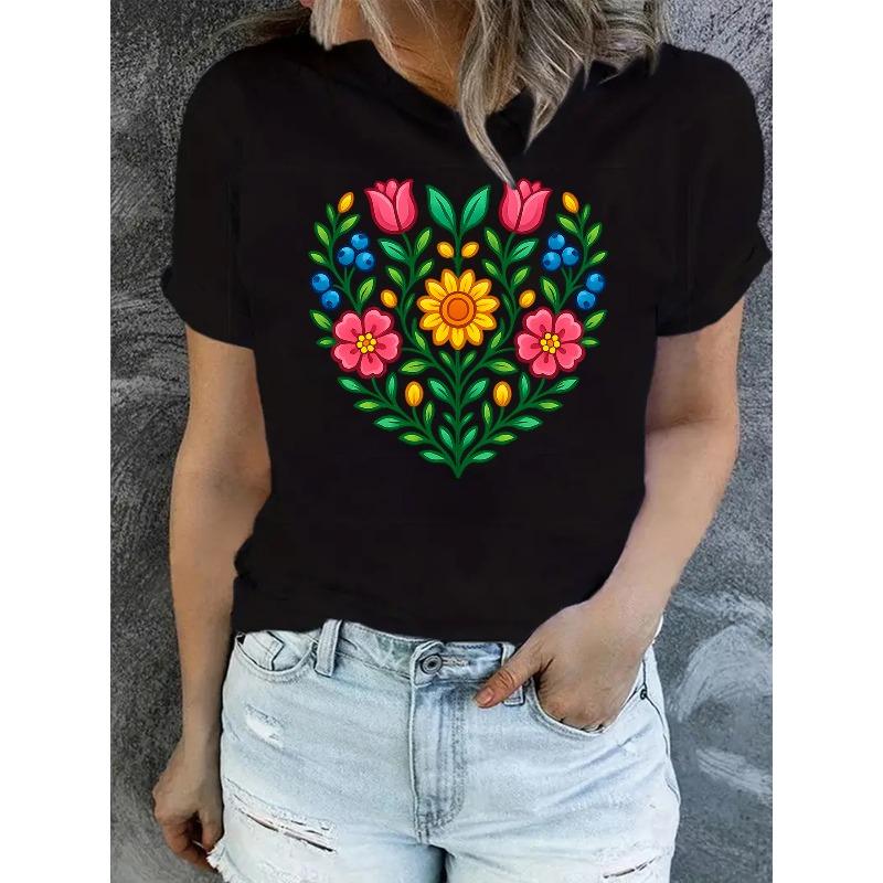 Vibrant Floral Print Design for Women'S Stylish Casual Round-Neck T-Shirt for Spring and Summer