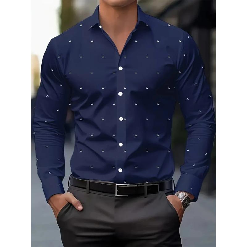 Men's Fashion Polka Dot Digital Print Shirts, Casual Breathable Lapel Button Long Sleeve Shirt Men's Clothing Men's Formal Tops