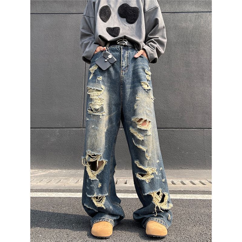 American Vibe Jeans Men's Summer New Ripped Design Sense Loose Wide Legs Trend Versatile Long Pants