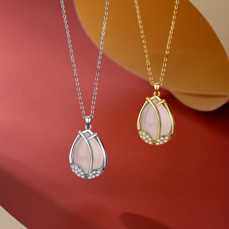 Original S925 Sterling Silver Fashion Natural Chalcedony Tulip Pendant Light Luxury Senior Necklace Female Clavicle Chain