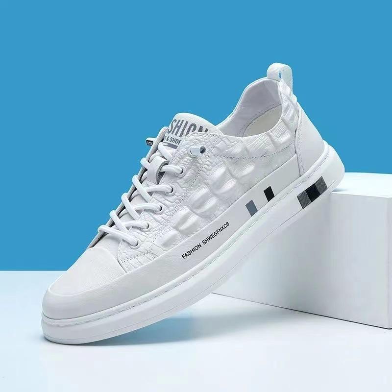 Men's Shoes Crocodile Pattern White Shoes Men's Breathable Round Head Sports and Leisure Versatile Board Shoes Rubber Sole