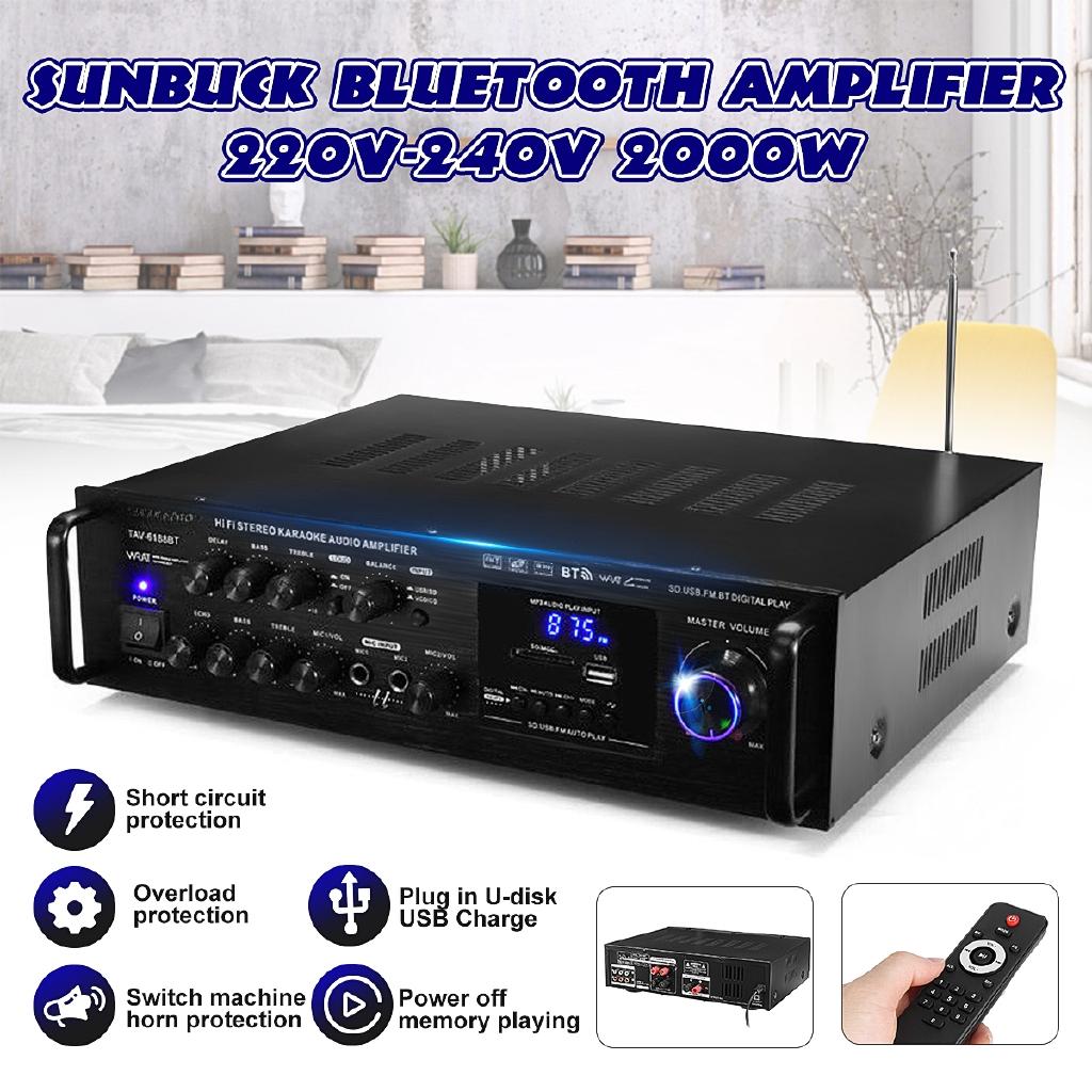 4ohm Bluetooth Stereo Karaoke Amplifier 2000W Support 2 MIC Input FM RC 110-230V