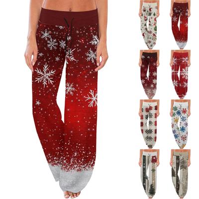 Calças de pijama confortáveis femininas Calças com estampa de Natal Calças de perna larga com cordão
