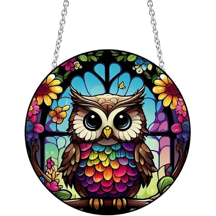 Owl Acrylic Window Hangings Yard Ornament Acrylic Wall Stained Panels Decor Window Art Decor for Bedroom Office Garden Kitchen