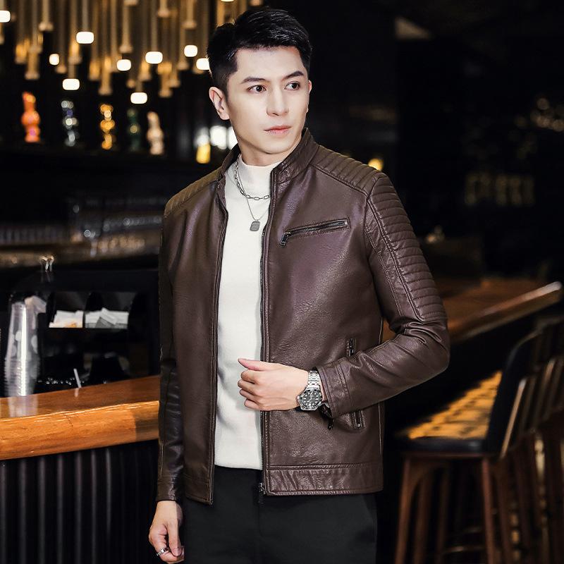 Men's coat trend slim fit versatile spring and autumn new pu leather jacket stand-up collar locomotive jacket men's top coat men's