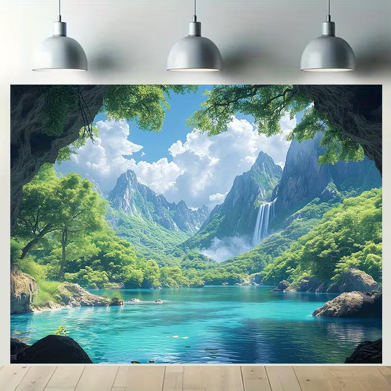 2D Scenic Mountain Lake Tapestry Waterfall Nature Background Cloth for Home