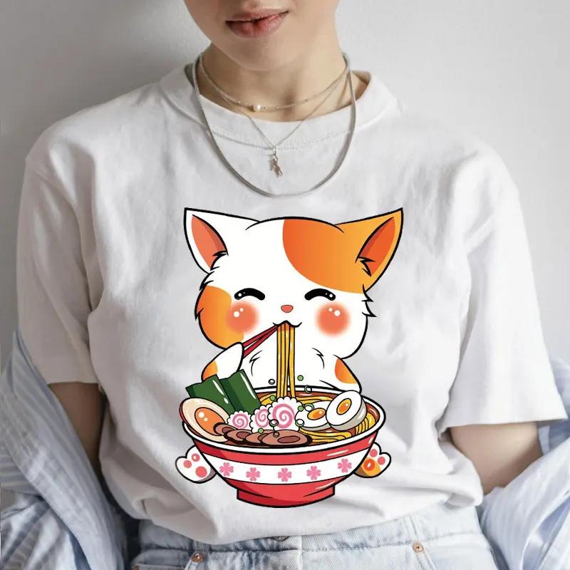 Anime T-shirt for Women Japanese Anime Noodles Printed T Shirt Cute Lamian Noodles Kitten T Shirts