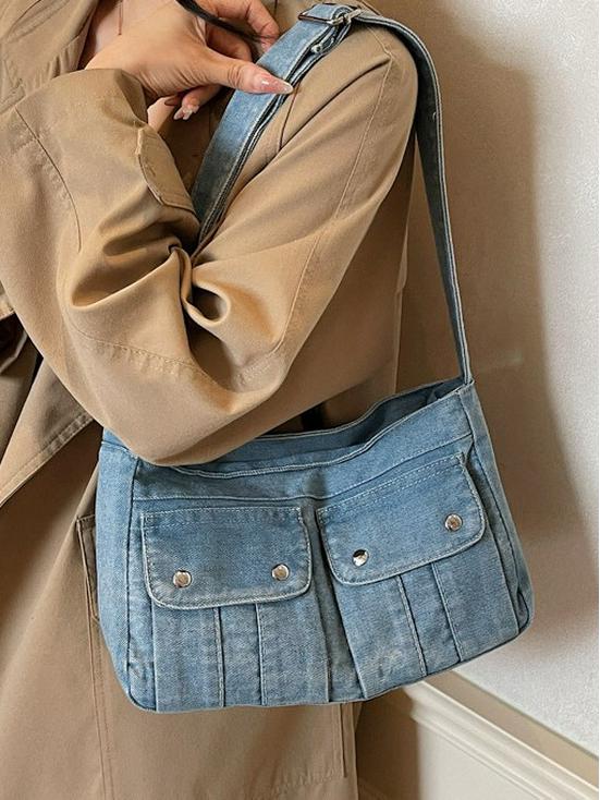 Large Capacity Denim Tote: Japanese & Korean Style, Workwear-Inspired, Versatile Daily Commute & Sports Crossbody Bag