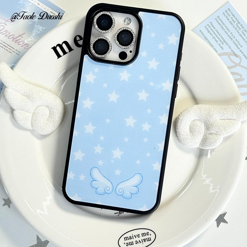 

Japan Korea Retro Blue Small Wings Phone Case For iPhone 16 Pro 15 14 13 12 11 Promax Plus Fashiy High-end Minimalism Back Cover For iPhone X XS