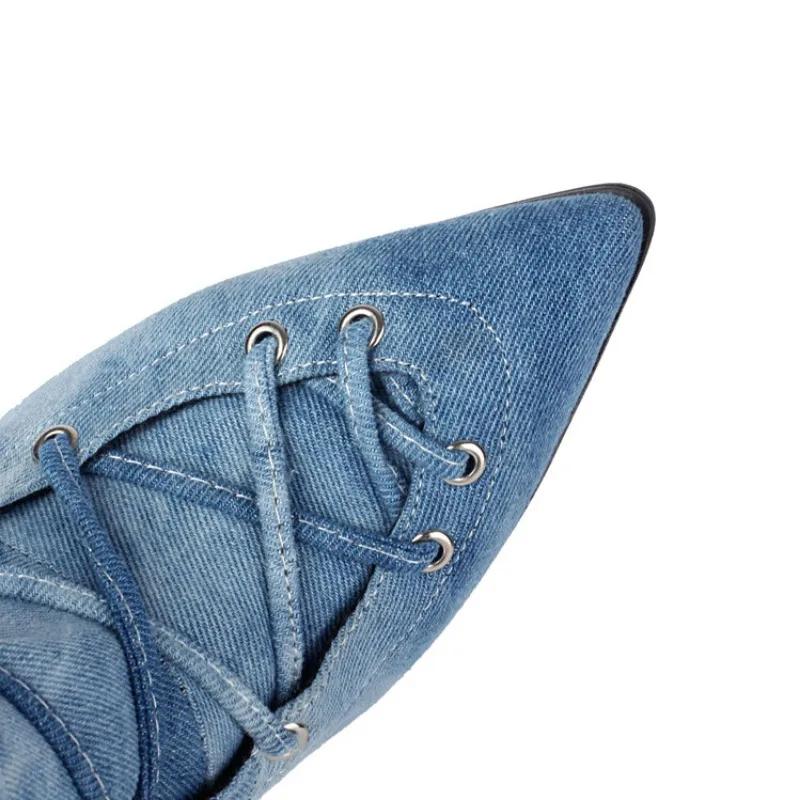 Fashion New Blue Denim Cross Strap Mid-calf Boots Autumn Winter Fashion Black 8cm High Heel Plush Warm Women's Long Boots Size 34-48