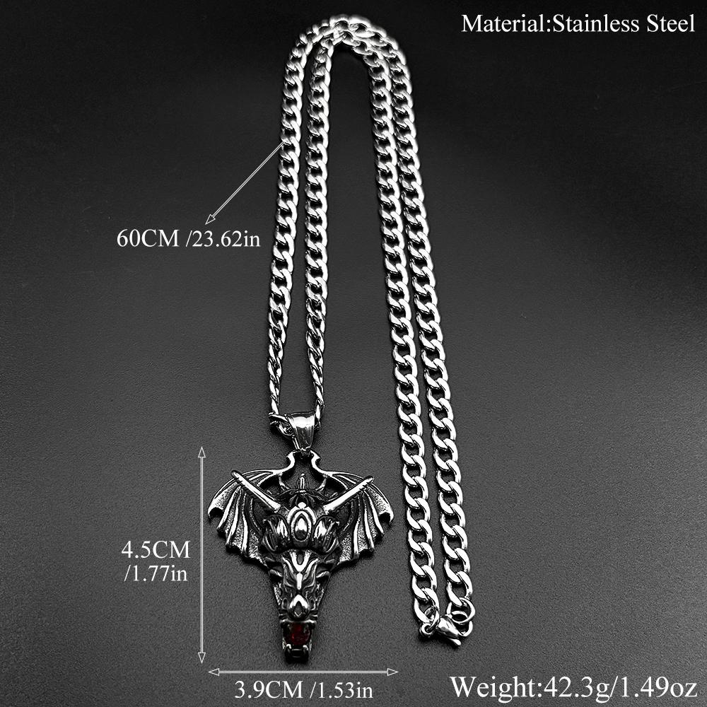 Gothic Dragon Head Wings 316L Stainless Steel Pendant Necklace for Women Men Silver Color Red Rhinestone Jewelry Amulet Gift