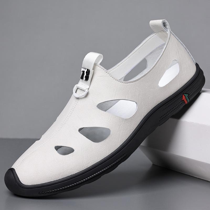 Baotou sandals men's casual little white shoes hollow leather shoes men's tide breathable hole shoes genuine leather sandals