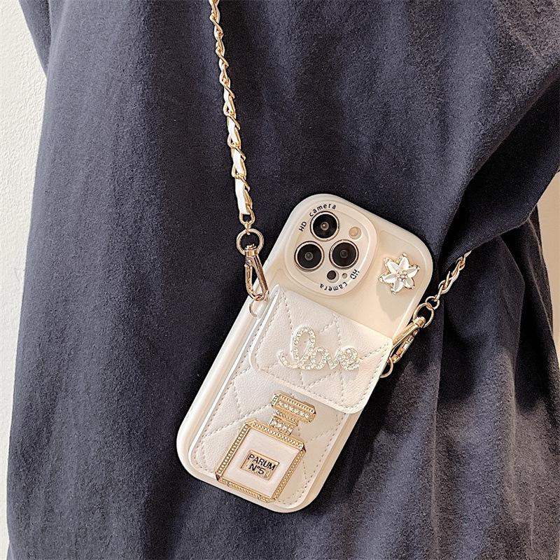 Luxury silicone perfume holder case with oblique chain for Apple 14 Promax, 13, 12, 11 soft full package card holder.