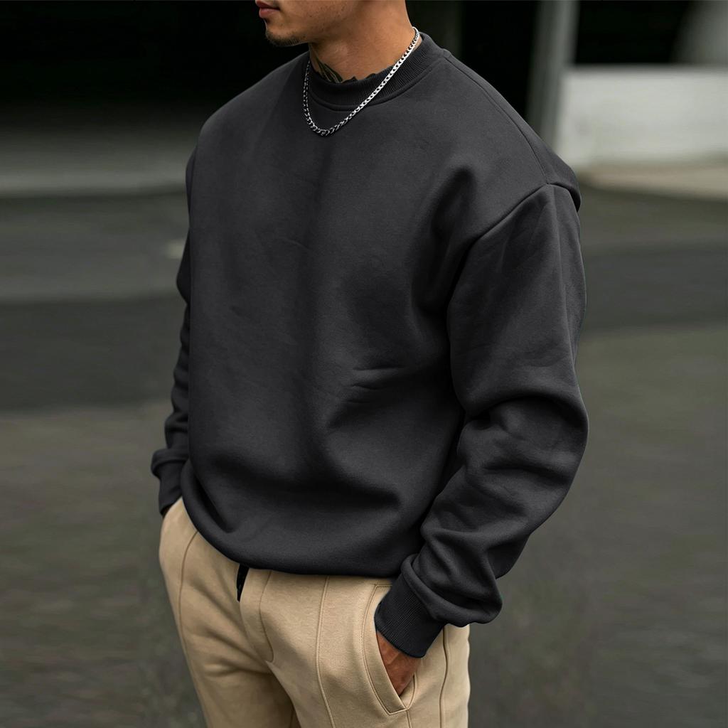 Men's Solid-Color Round-Neck Fleece Pullover A Thick, Soft, and Relaxed-Fit Long-Sleeve Top for Everyday Casual Wear in Fall and Winter