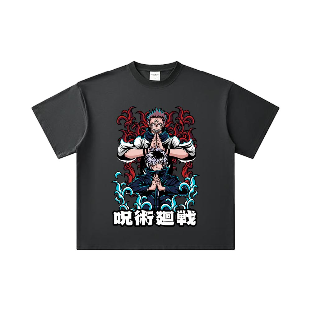 260 GSM Double Yarn 32 Count 100% Cotton Jujutsu Kaisen V49 Gojo Sukuna Print Unisex Heavy Cotton T Shirt