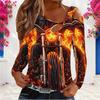 Women Plus Size Asymmetric Cutout Neck Cold Shoulder Fitted Long Sleeve Top Fire Motorcycle Printed Orange Black