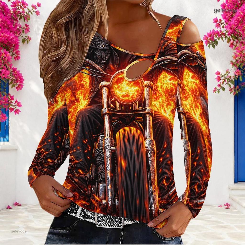 Women Plus Size Asymmetric Cutout Neck Cold Shoulder Fitted Long Sleeve Top Fire Motorcycle Printed Orange Black