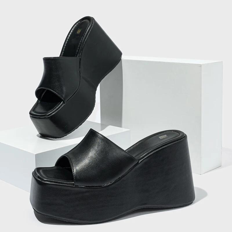 

Літні жіночі туфлі на танкетці з квадратним носком і платформою, модні товсті туфлі на високих підборах, банкетні жіночі босоніжки 35 чорний