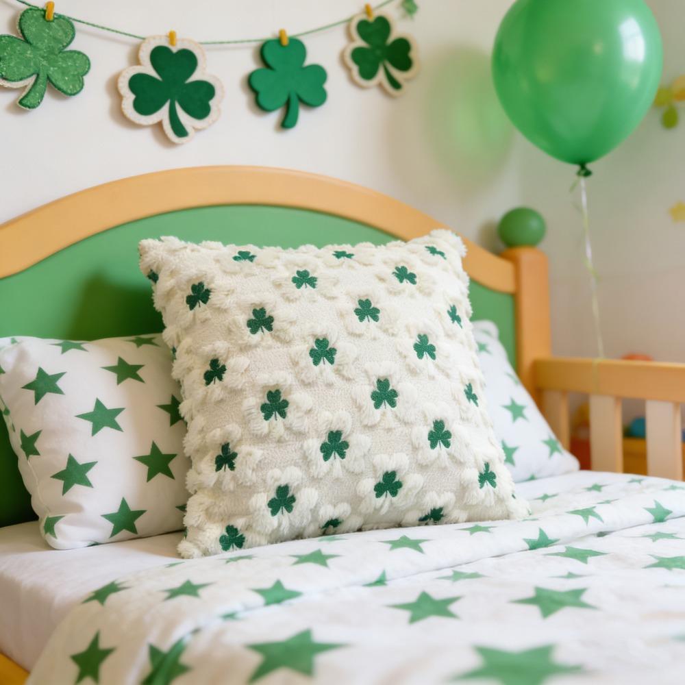 Household Tufted St. Patrick'S Day Cushion Cover Embroidery Square Lucky Clover Pillowcase Zipped Throw Pillow Cover Bed Room