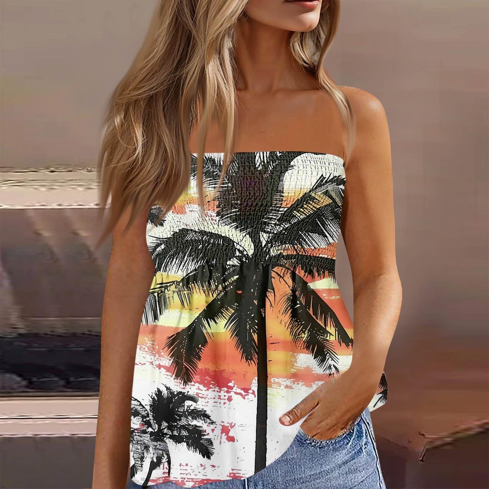 

Летние топы-трубы для женщин, милая сексуальная футболка без рукавов с открытыми плечами и цветочным принтом XL белый