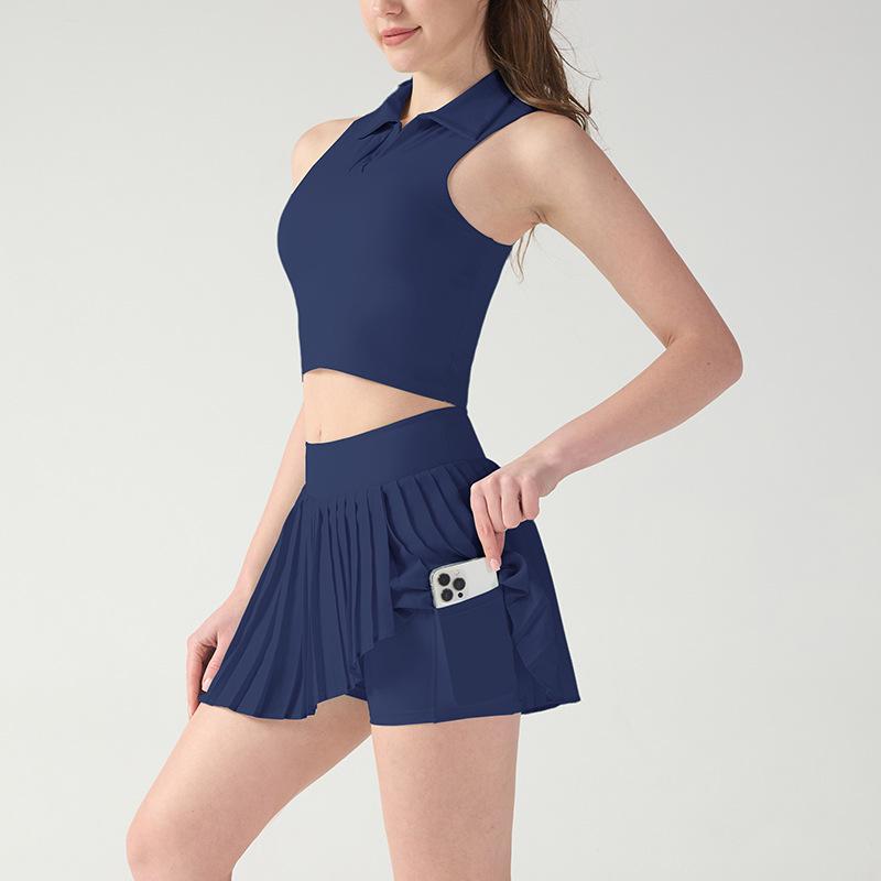 

Summer Quick-Dry Pleated Tennis Skirt Set with Pockets - Anti-Exposure Yoga & Running Fitness Wear M