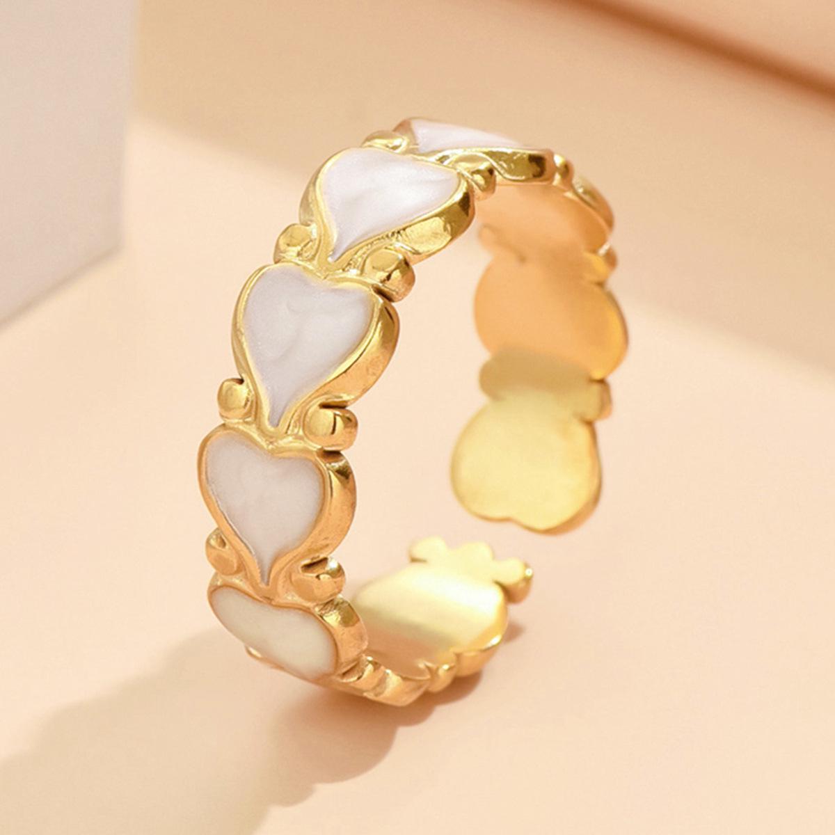 French Heart Enamel Drip Oil Ring - Elegant Stainless Steel Open Band