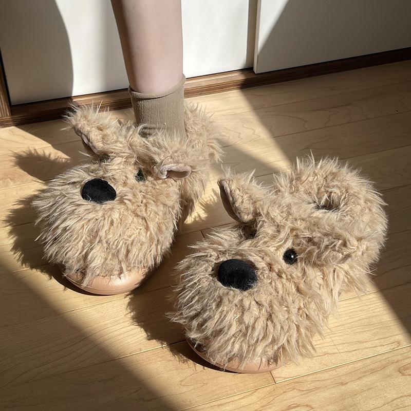 Doodle Dog Cotton Slippers Women Winter Indoor Anti Slip Warm Half Heel Plush Soft Sole Slippers